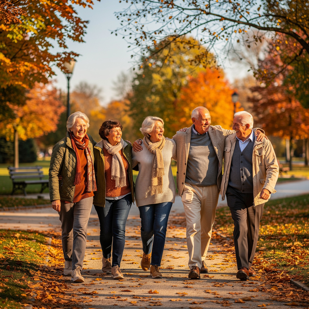 Group of smiling Slovak senior friends walking together in a park