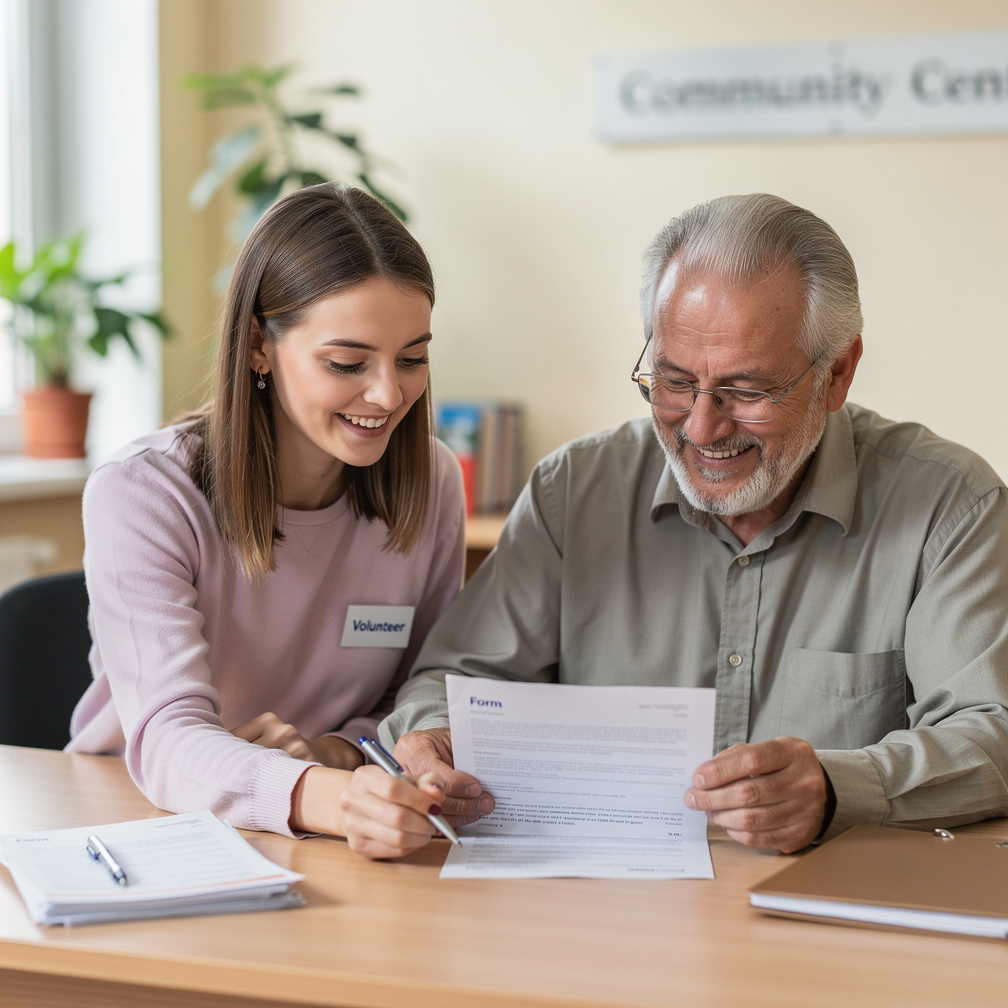 Volunteer helping a senior man with paperwork at a community desk